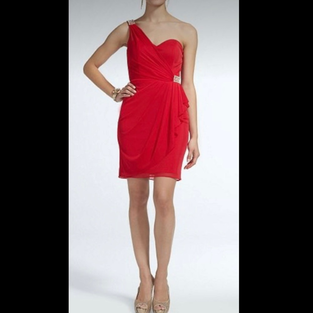 Xscape One Shoulder Red Dress with Rhinestone Details, size 6